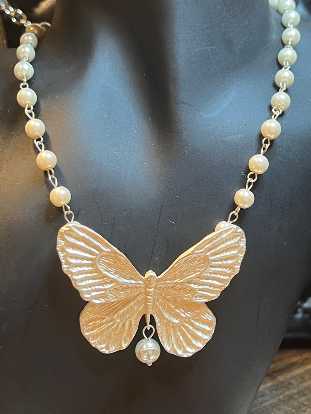 Pearl Beaded Necklace with Gold Butterfly Pendant